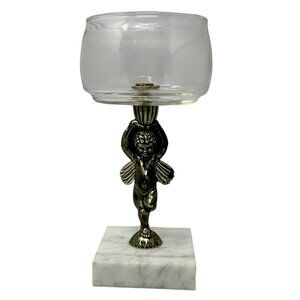 ALB  Brass Angel Compote Candle Holder Marble Base Glass Bowl 7.5 Inch Vintage